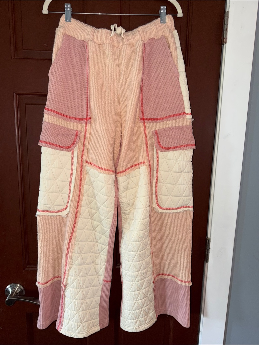POL Quilted Patchwork Wide-Leg Cargo Pants - Pink & Cream